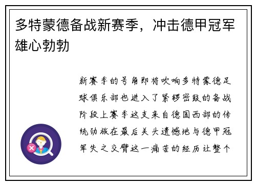 多特蒙德备战新赛季，冲击德甲冠军雄心勃勃